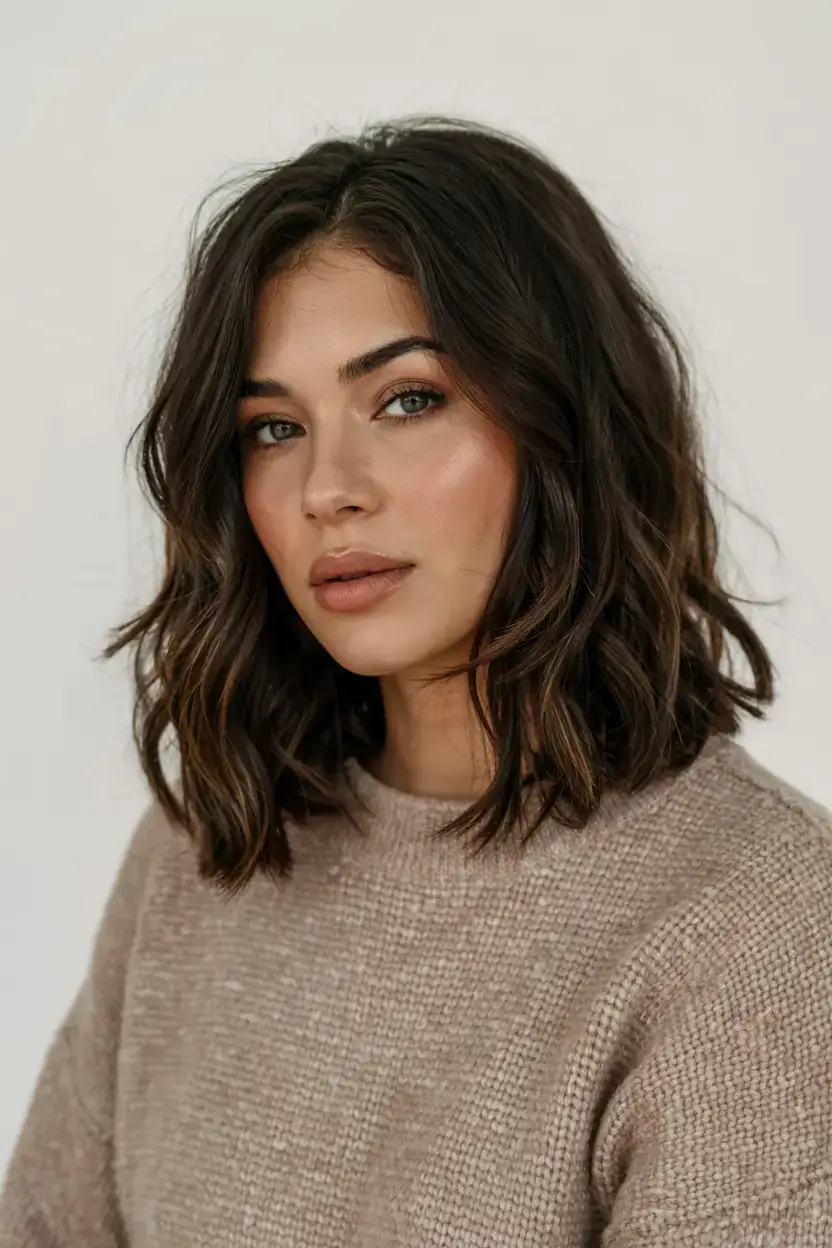 mid length haircut ideas 2026 Textured Lob with Espresso Depth