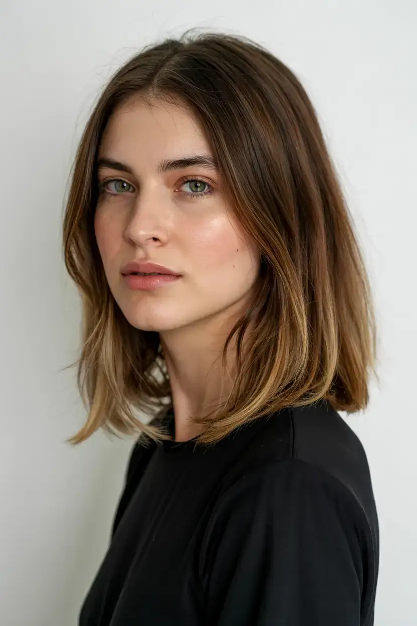 mid length haircut ideas 2026 Sharp Blonde Lob with Grown-In Roots