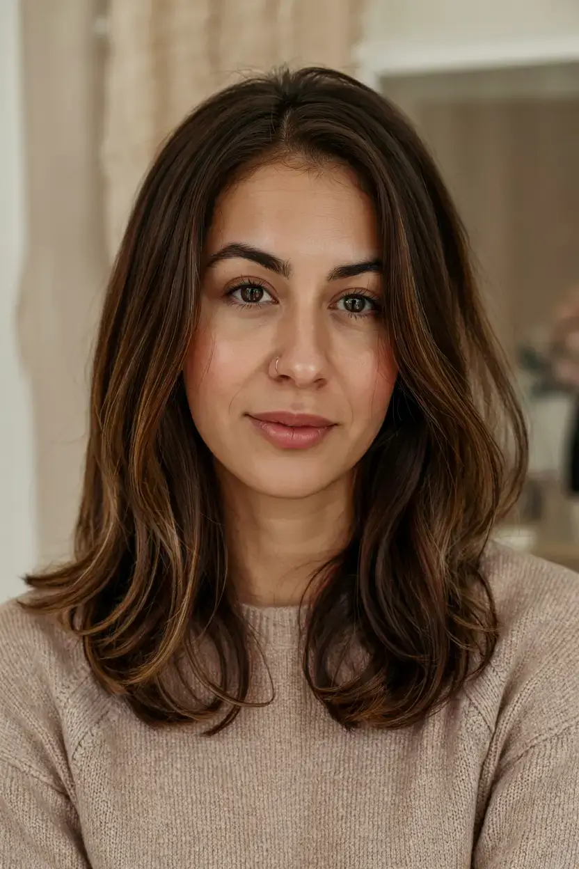 mid length haircut ideas 2026 Warm Brunette Cut with Soft Face Contour
