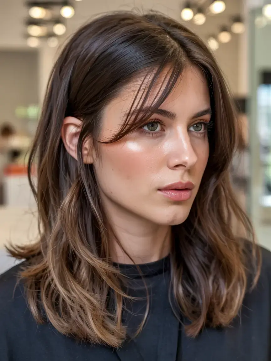 mid length haircut ideas 2026 Soft Layered Contour with Wispy Fringe