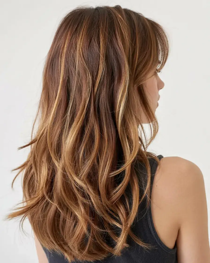 mid length haircut ideas 2026 Dimensional Auburn Waves with Peekaboo Highlights