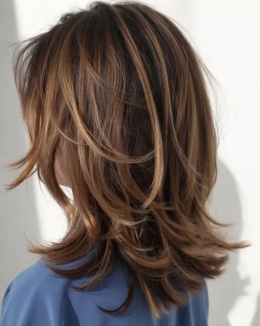 mid length haircut ideas 2026 Choppy Flicked-Out Layers with Lived-In Blonde
