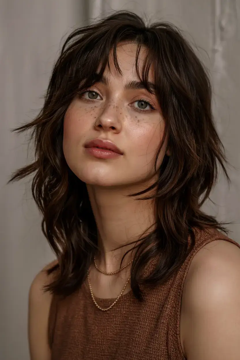 mid length haircut ideas 2026 Modern Shullet with Textured Fringe