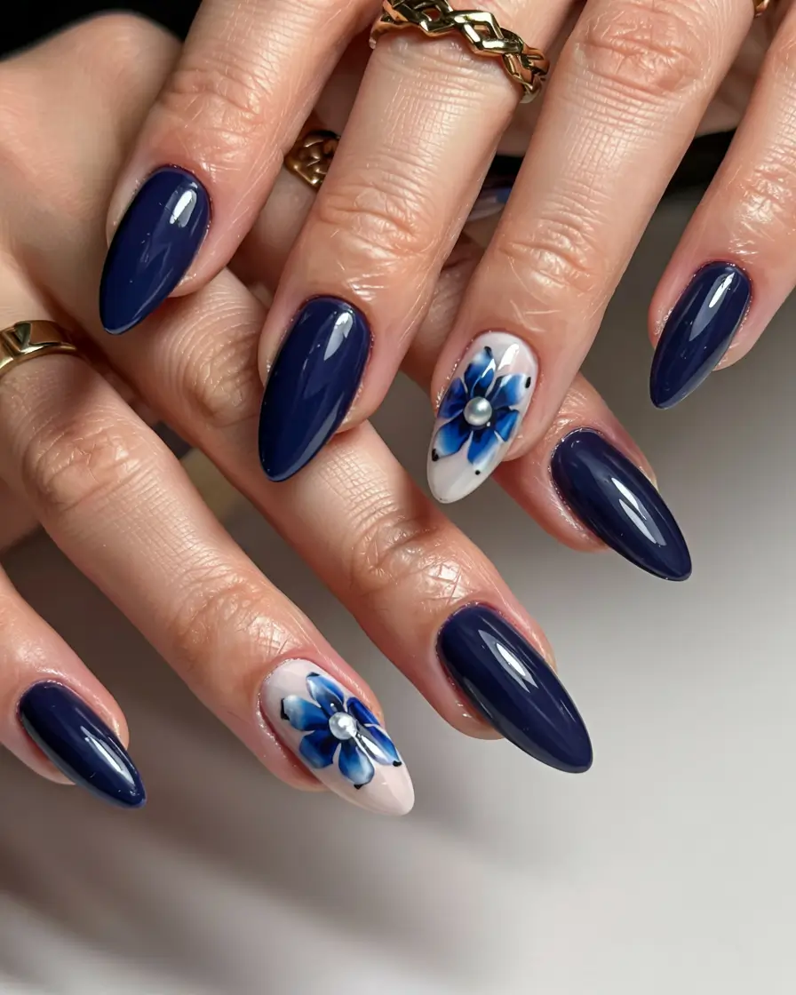 nails design ideas 2026 Cobalt Bloom & Pearl Accents