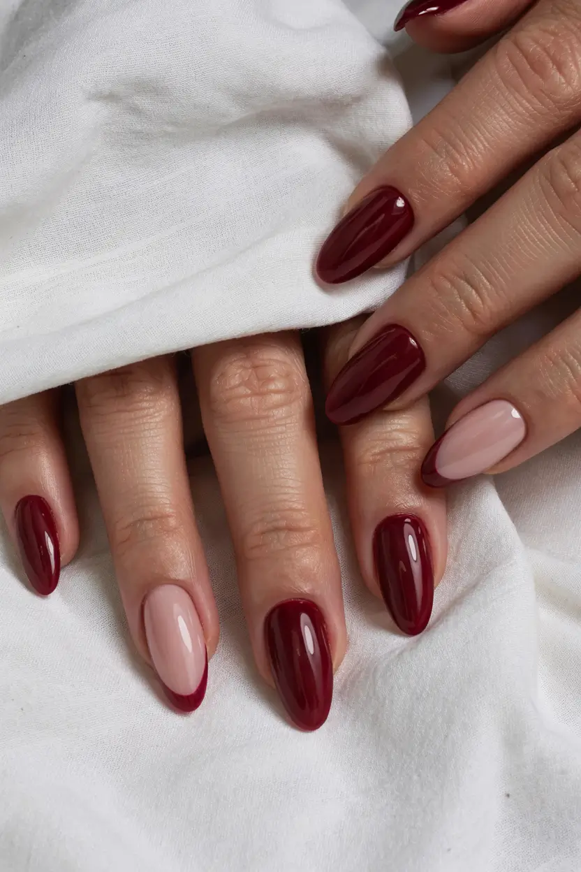 nails design ideas 2026 Velvet Red Meets Rosy Nude
