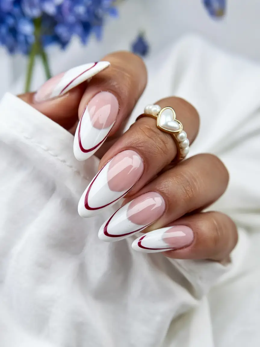 nails design ideas 2026 White Waves with a Cherry Twist