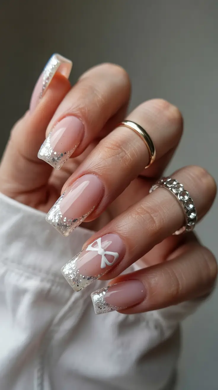 nails design ideas 2026 Silver Sparkle French with Bow Charm