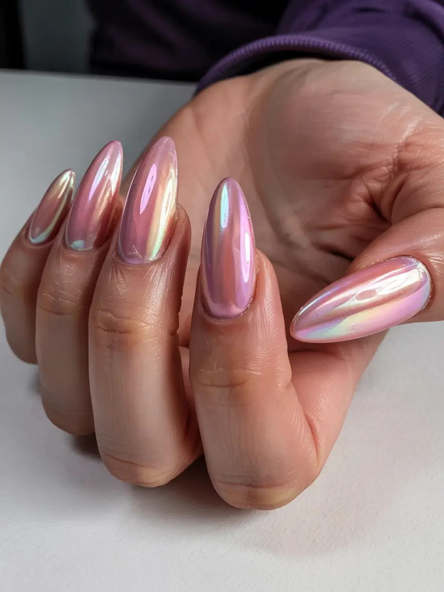 nails design ideas 2026 Iridescent Sunset Mirror Glaze