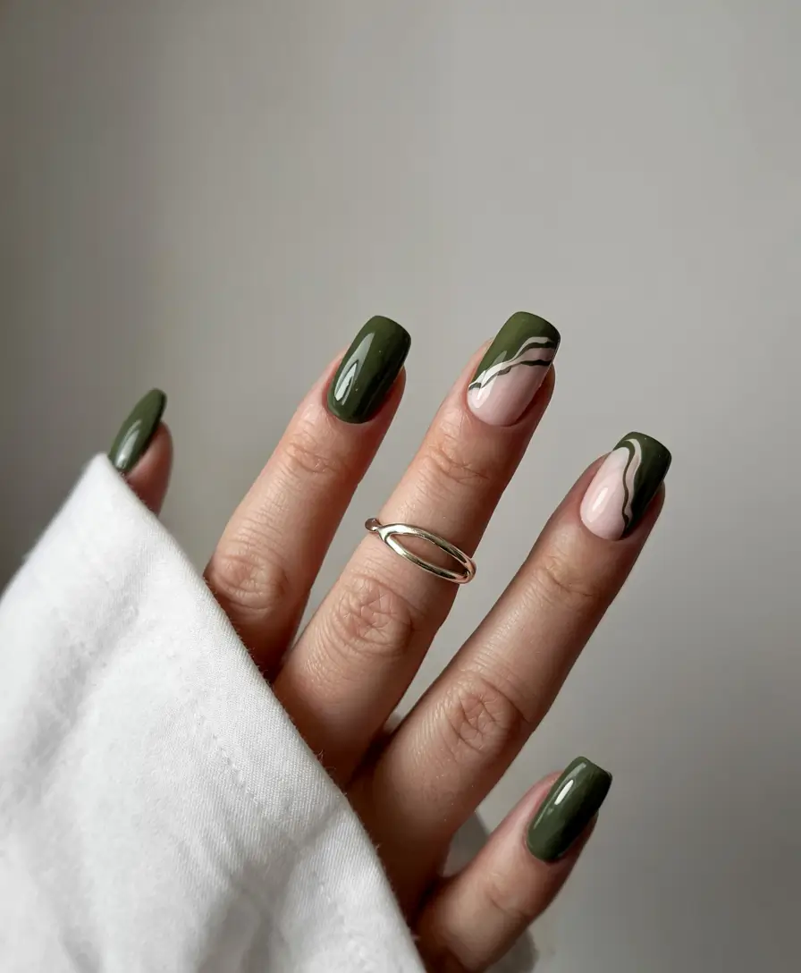 nails design ideas 2026 Olive Green with Minimalist Swirls