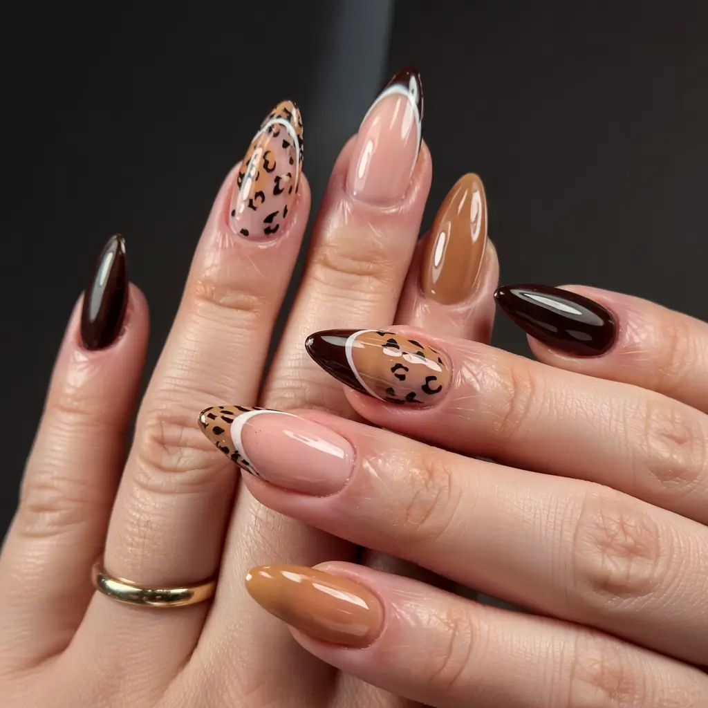 nails design ideas 2026 Leopard Luxe Meets Latte Swirls