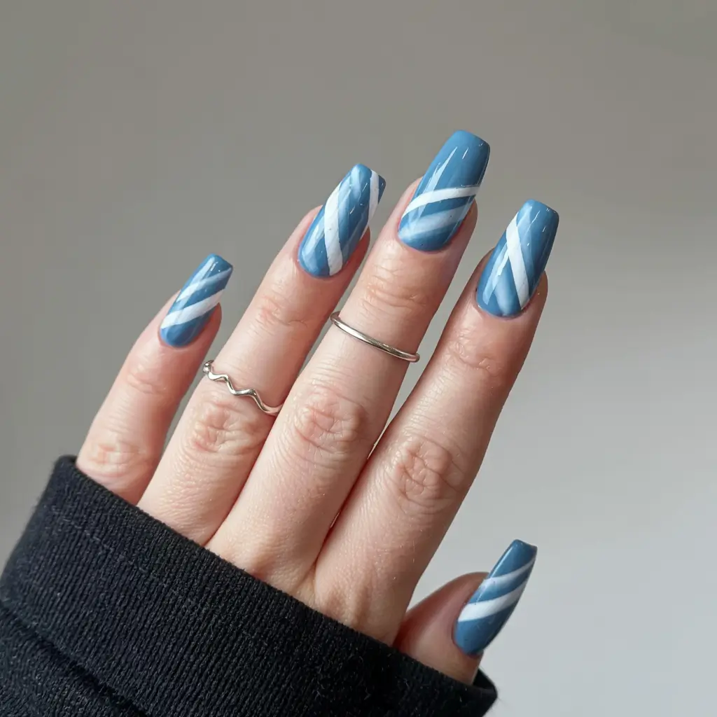 nails design ideas 2026 Diagonal Blue Ribbons