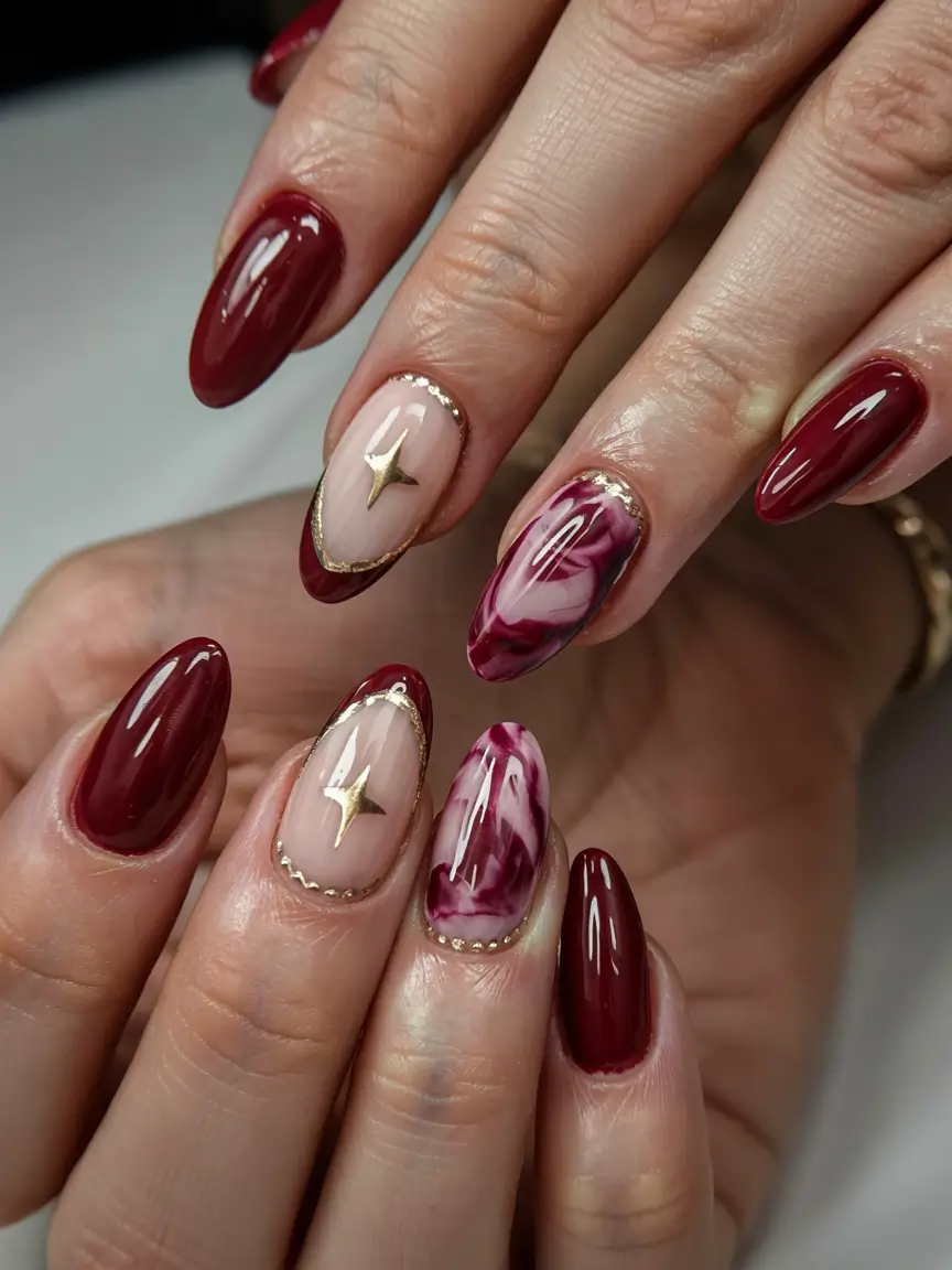 nails design ideas 2026 Berry Marble & Celestial Glam