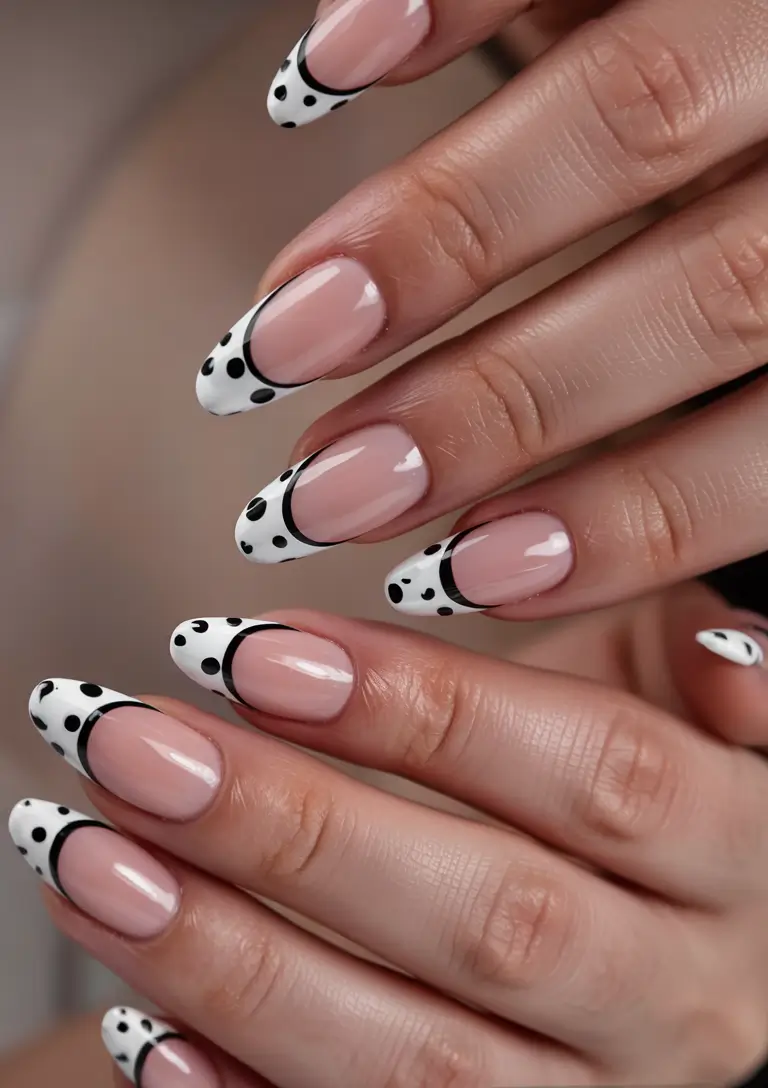 nails design ideas 2026 Black & White Dot-Tipped Drama