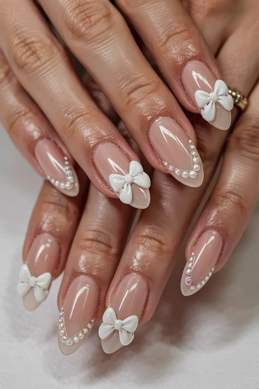 nails inspo 2026 Ribbon & Pearl Romance