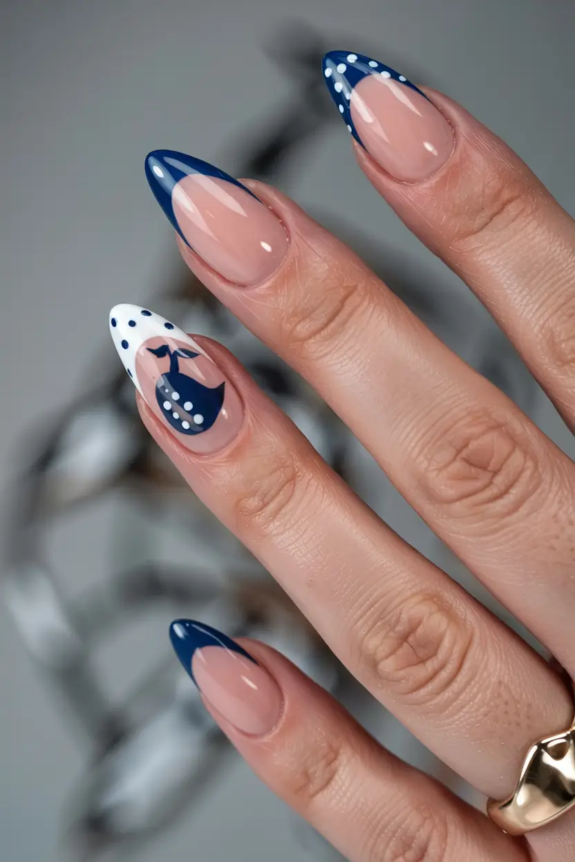 nails inspo 2026 Nautical Dots & Midnight Tips