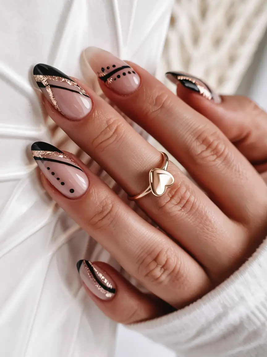 nails inspo 2026 Deco Noir with a Rose Gold Line