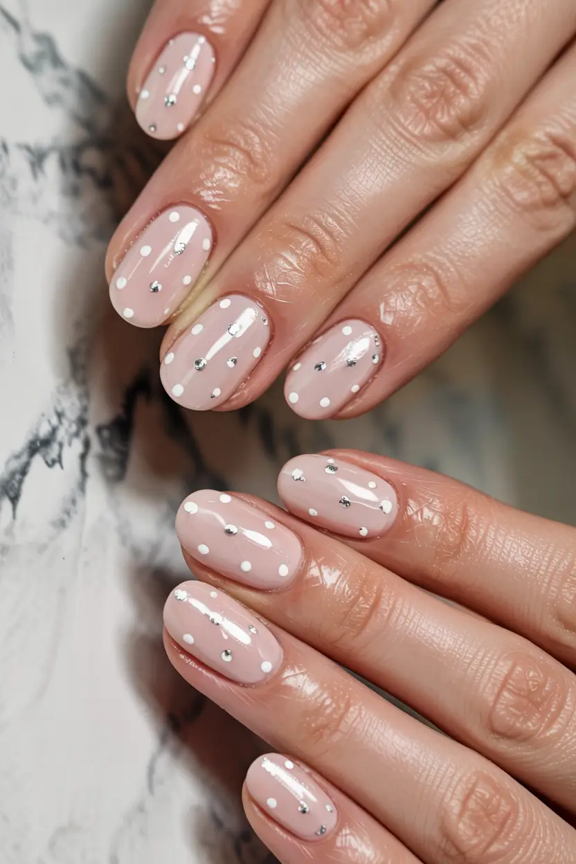 neutral nails 2026 Playful Dots and Gems on Nude Sheer
