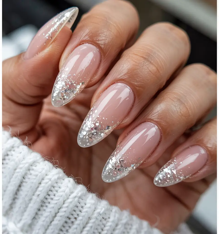 neutral nails 2026 Silver Sparkle Fade on Nude Gel Base