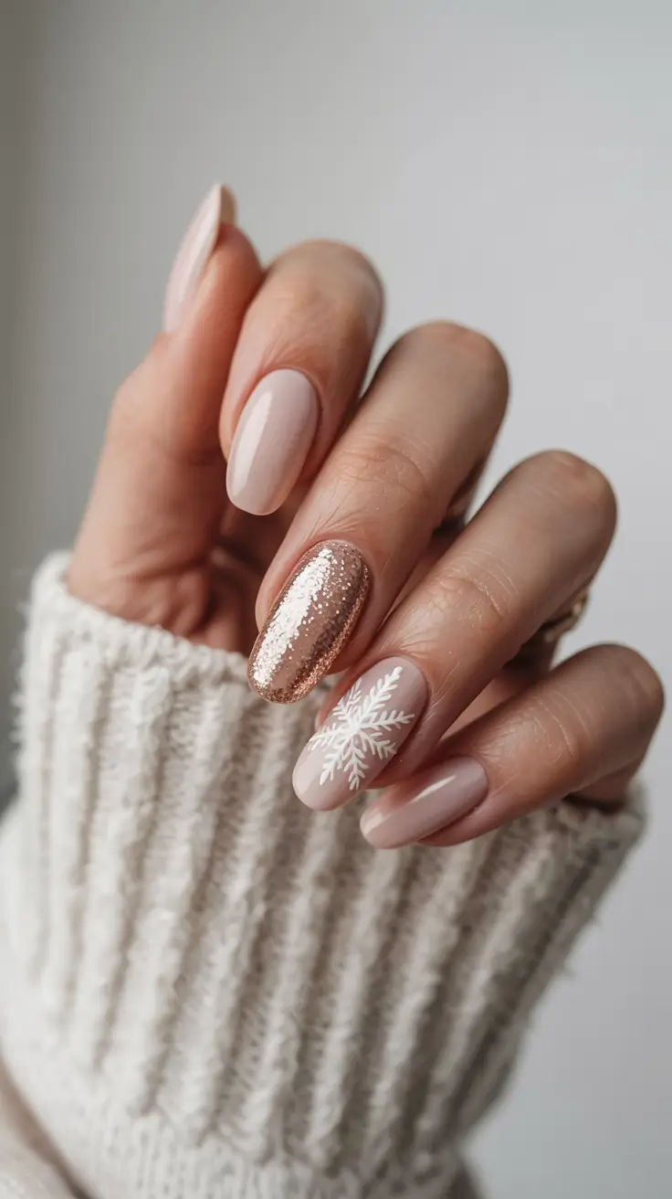 neutral nails 2026 Cozy Neutrals with Festive Rose Gold and Snowflake Accent