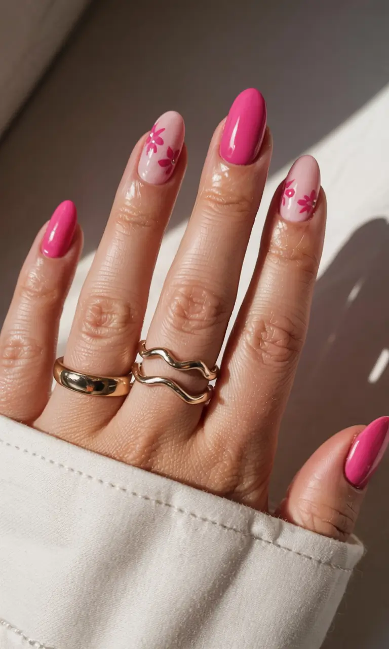 pink nails 2026 Playful Pink Florals with Negative Space