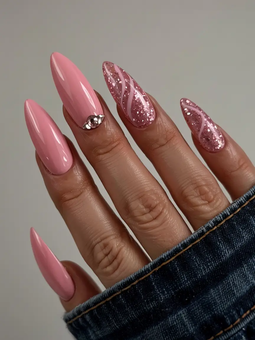 pink nails 2026 Crystal Accents & Glittered Wave Art