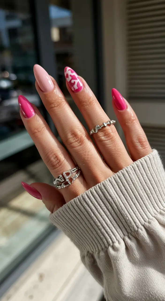 pink nails 2026 Cow-Print Meets Candy Pink Contrast