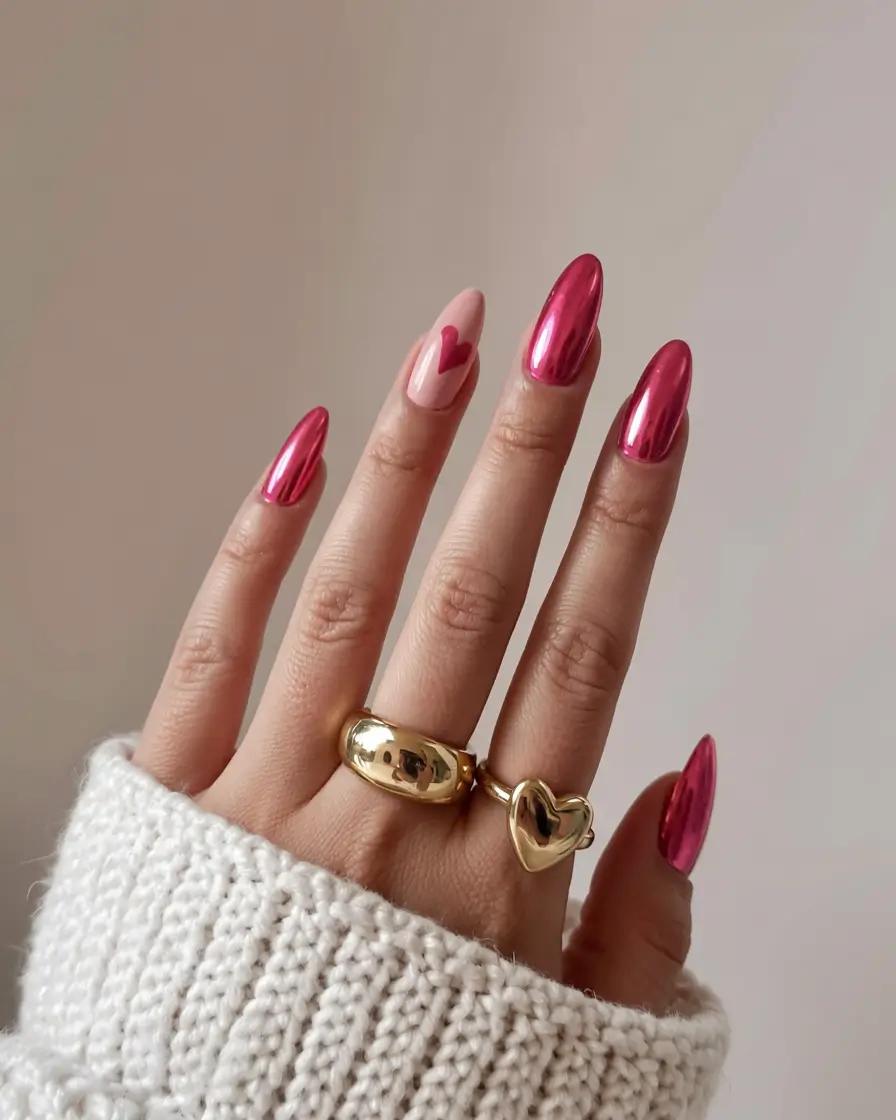 pink nails 2026 Metallic Fuchsia with a Romantic Heart Accent