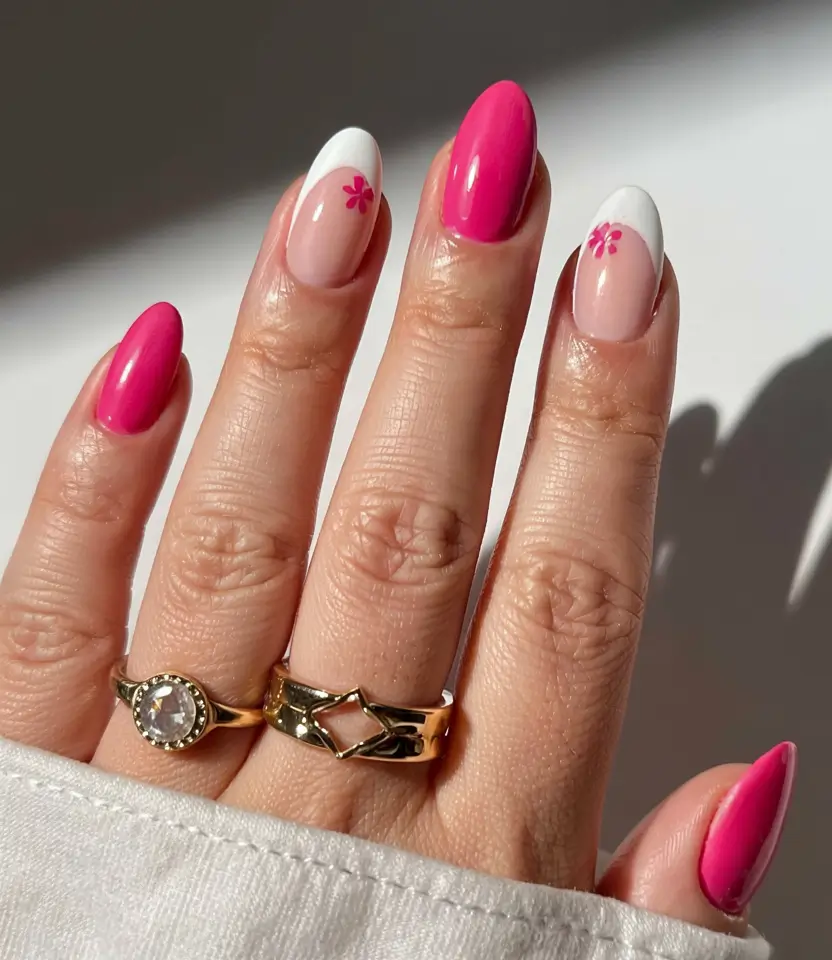 pink nails 2026 Cherry Blossom-Inspired Pink and White with Floral Accents