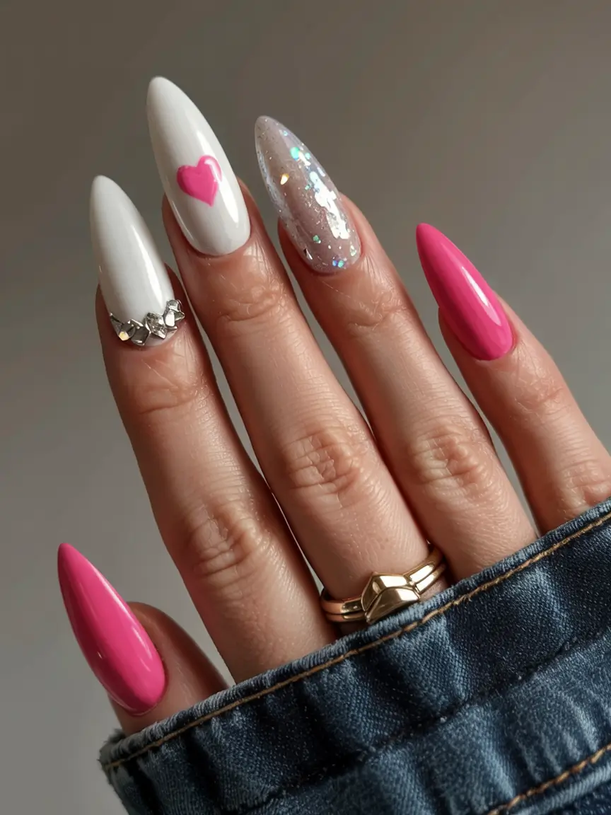 pink nails 2026 Statement Pink Meets Rhinestones and Holographic Glitter