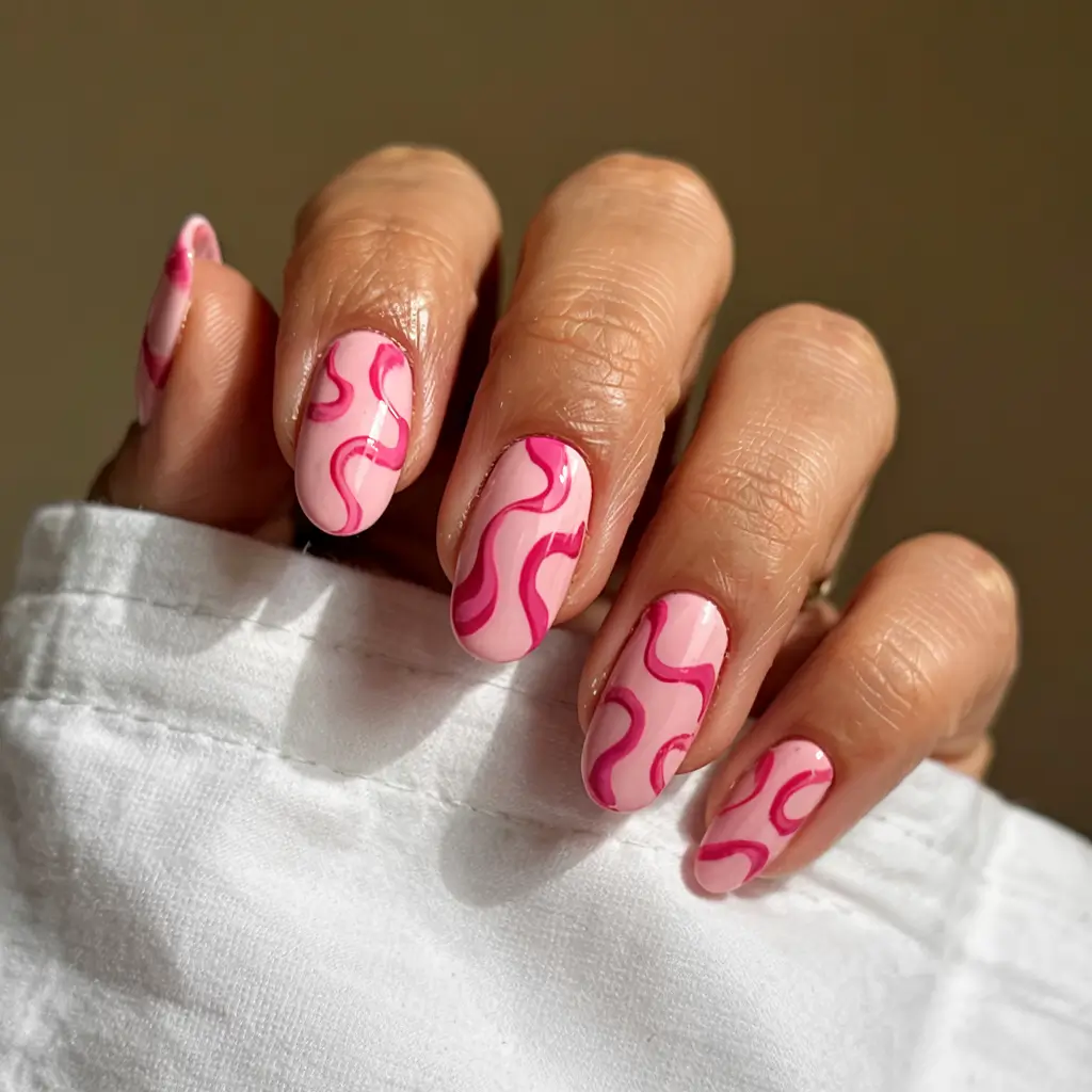 pink nails 2026 Retro Waves in Hot Pink on a Baby Pink Base