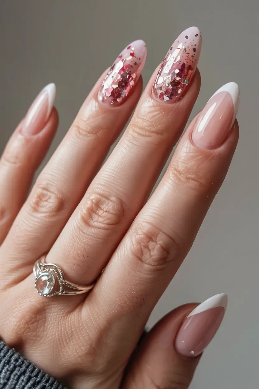 pink nails 2026 Pink Glitter Tips with White French Curve
