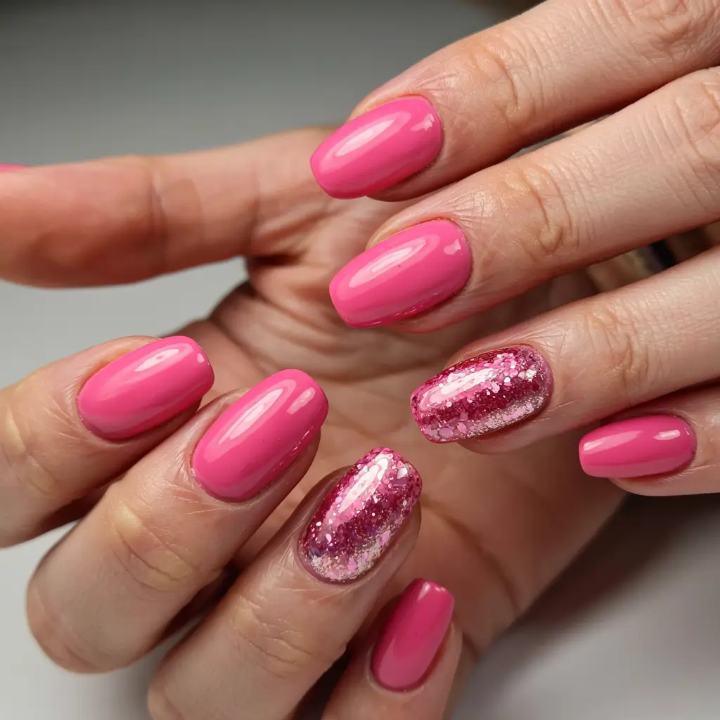 pink nails 2026 Glossy Pink with Confetti Sparkle Accents