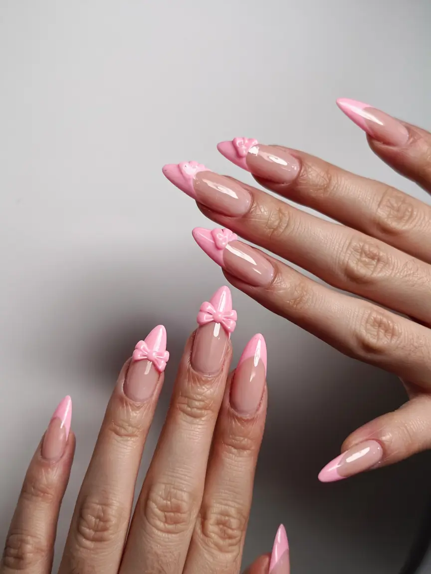 pink nails 2026 Blush Pink French Tips with 3D Bows