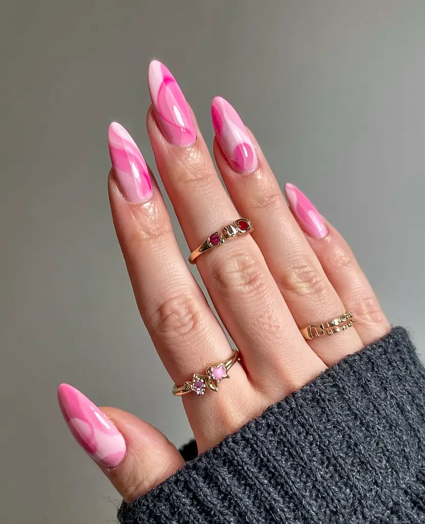 pink nails 2026 Psychedelic Pink Swirl Nails with Clear Depth