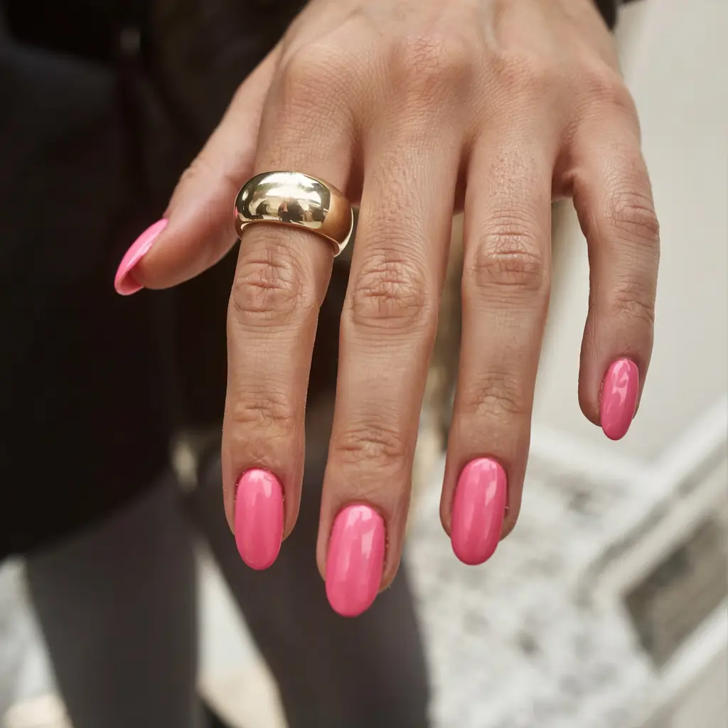 pink nails 2026 Satin Pink with a Glossy Shell Finish
