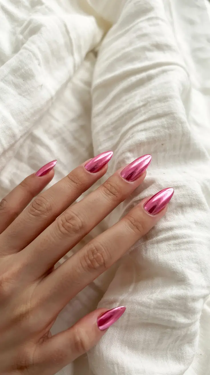 pink nails 2026 Reflective Chrome Candy Pink