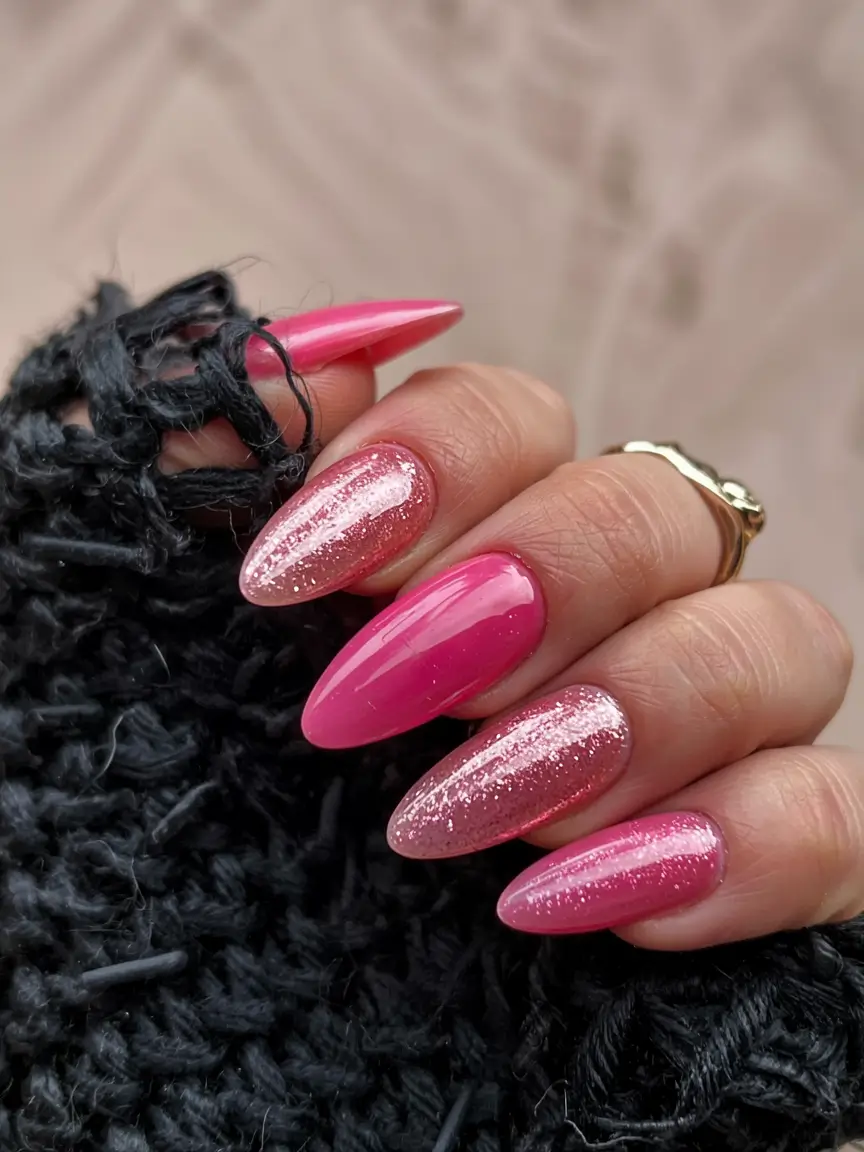 pink nails 2026 Glossy Pink Meets Glittered Glass Effect
