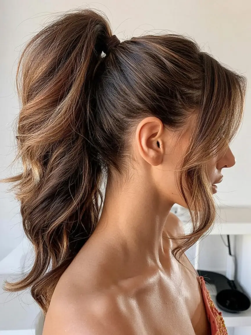 ponytail hairstyles ideas 2026 Cocoa Swirl Pony with Soft Flick Layers