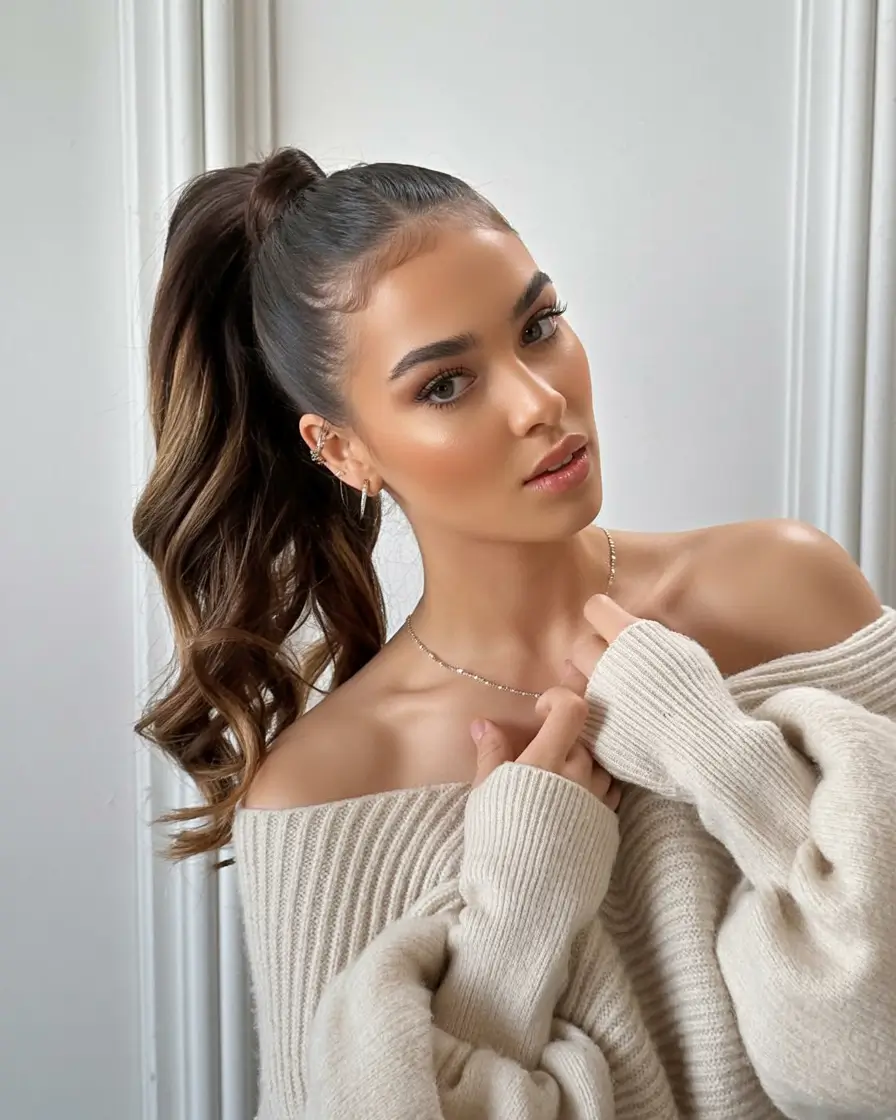 ponytail hairstyles ideas 2026 Chocolate Waves with Face-Framing Perfection