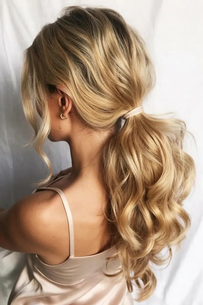 ponytail hairstyles ideas 2026 Golden Honey Swirls with Soft Glam Texture