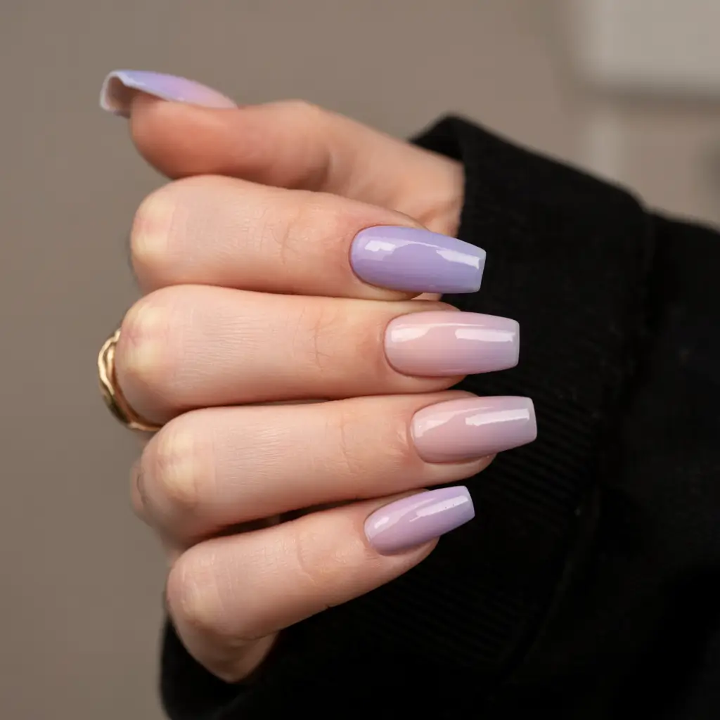 purple nails 2026 Milky Lilac and Nude Color Block