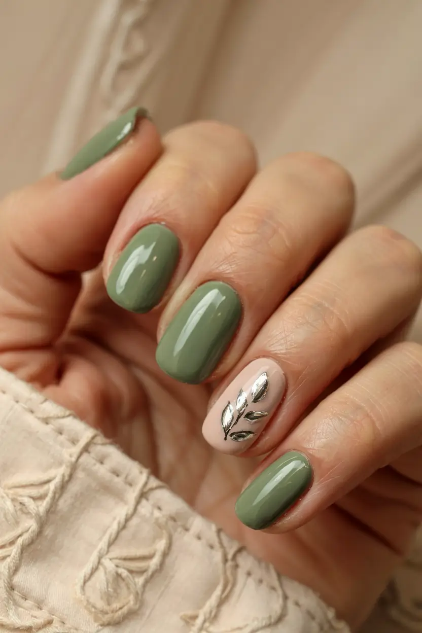 short acrylic nails 2026 Olive Neutral With Metallic Leaf