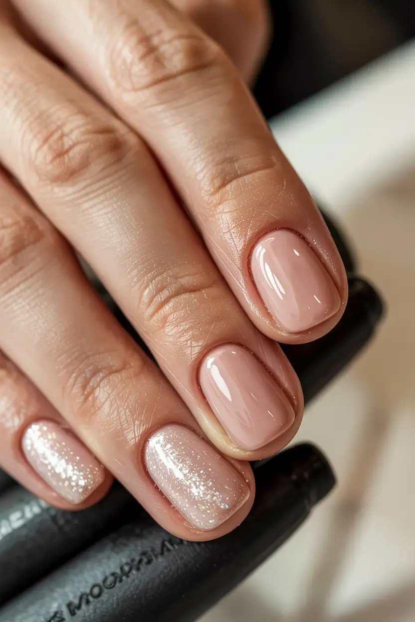 short acrylic nails 2026 Nude Gloss and Fairy Dust