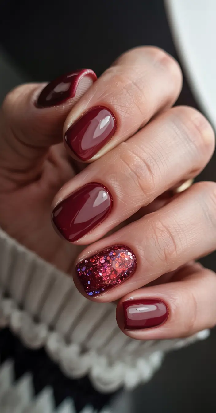 short acrylic nails 2026 Cherry Wine & Glitter Bomb