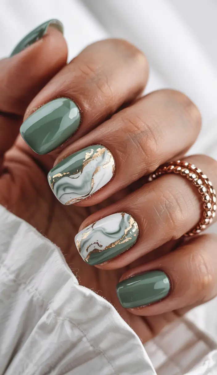 short acrylic nails 2026 Sage Marble Gold