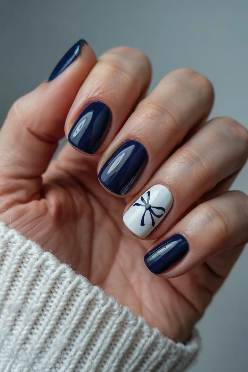 short acrylic nails 2026 Midnight Navy & Bow Accent