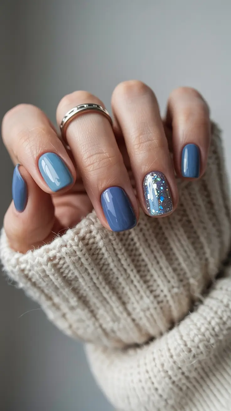 short acrylic nails 2026 Indigo Duo + Disco Sparkle
