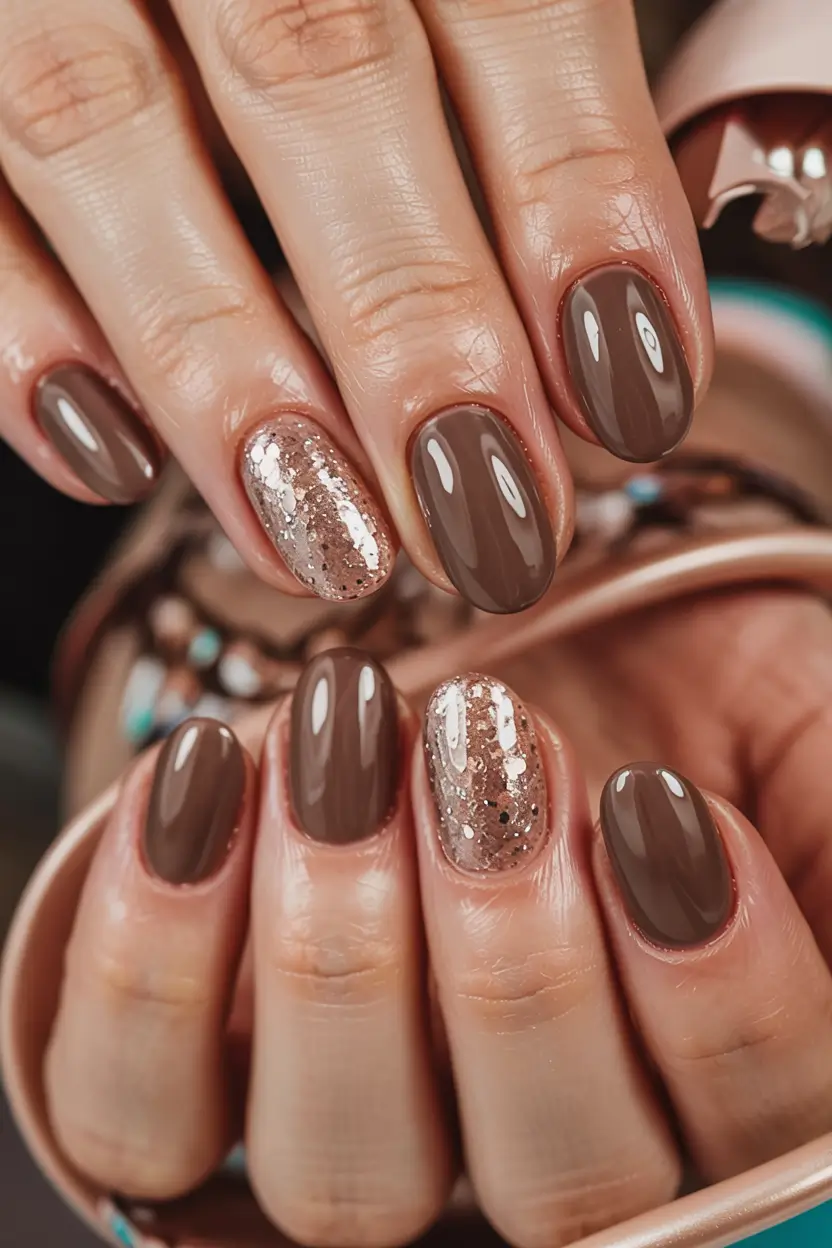 short acrylic nails 2026 Chocolate & Rose Gold Mix
