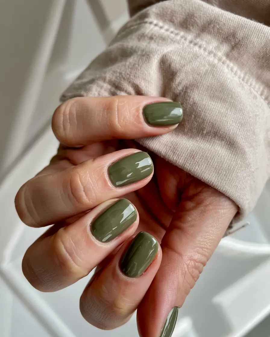 short acrylic nails 2026 Khaki Green Cream