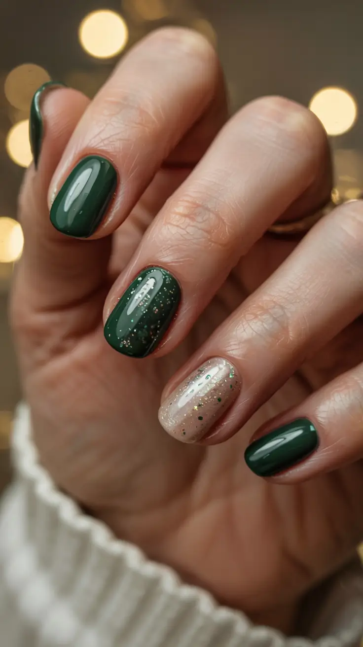short acrylic nails 2026 Deep Forest & Champagne Sparkle